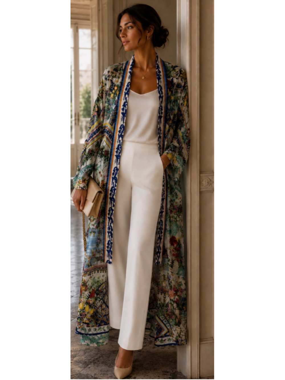 Camilla Floral Print Silk Kimono Duster or Swim Coverup, Size S/M White/Blue